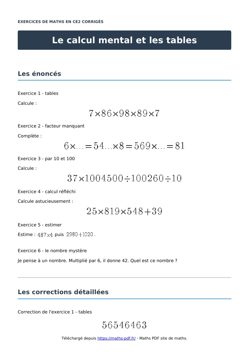 Le calcul mental et les tables : exercices de maths en CE2 corrigés en PDF