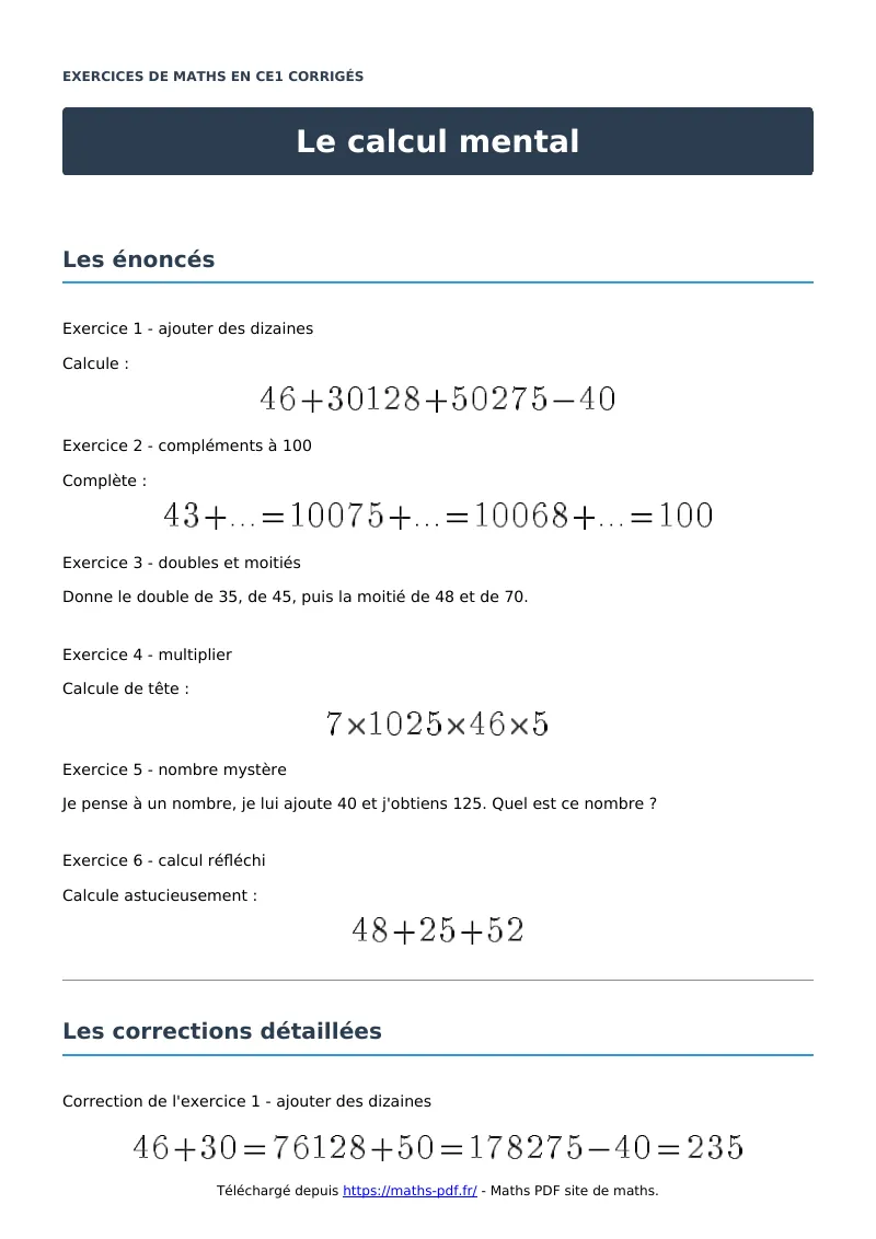 Le calcul mental : exercices de maths en CE1 corrigés en PDF