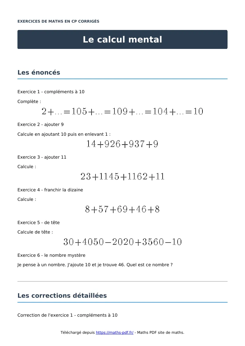 Le calcul mental : exercices de maths en CP corrigés en PDF