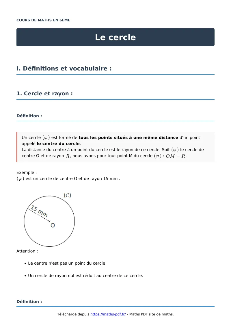 Le cercle : cours de maths en 6ème en PDF