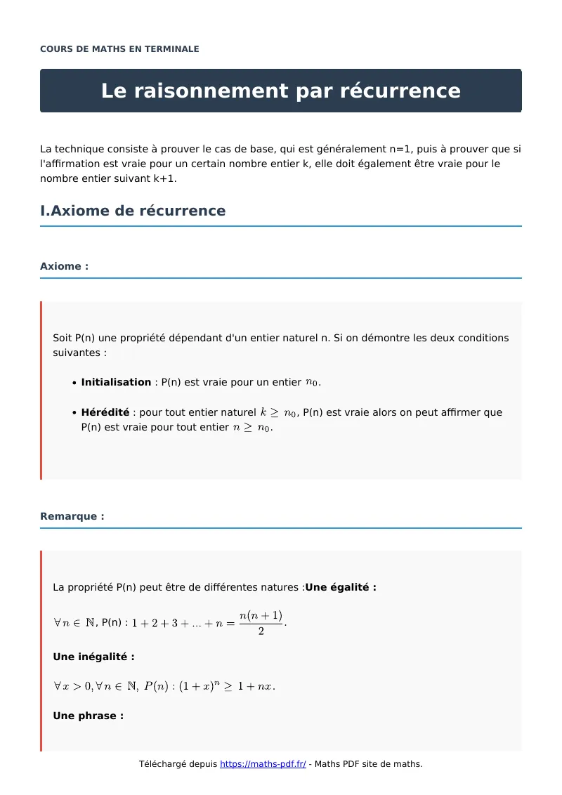 Le raisonnement par récurrence : cours de maths en terminale en PDF