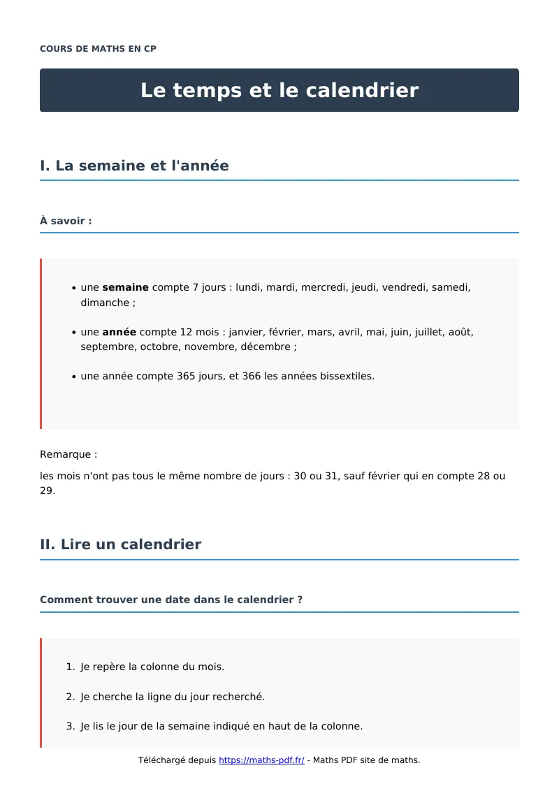 Le temps et le calendrier : cours de maths en CP en PDF