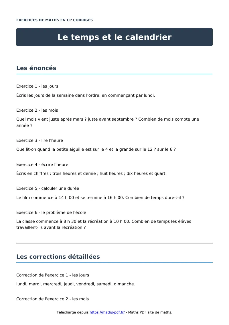 Le temps et le calendrier : exercices de maths en CP corrigés en PDF