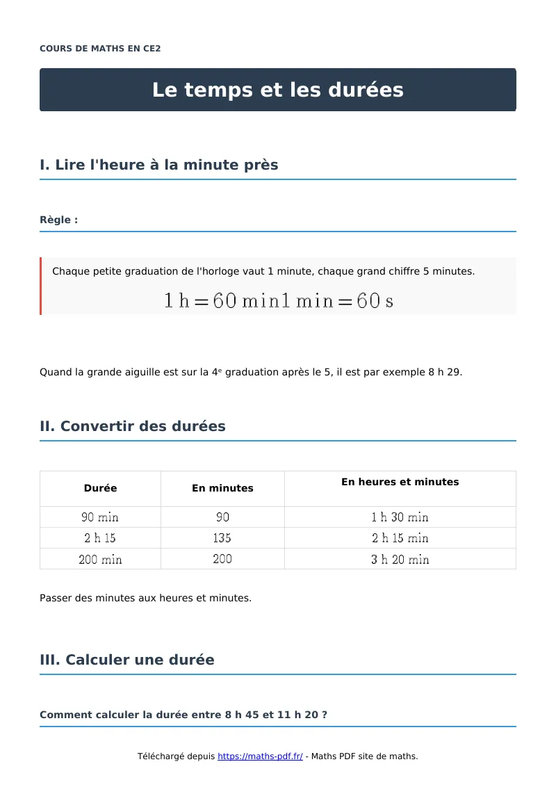 Le temps et les durées : cours de maths en CE2 en PDF
