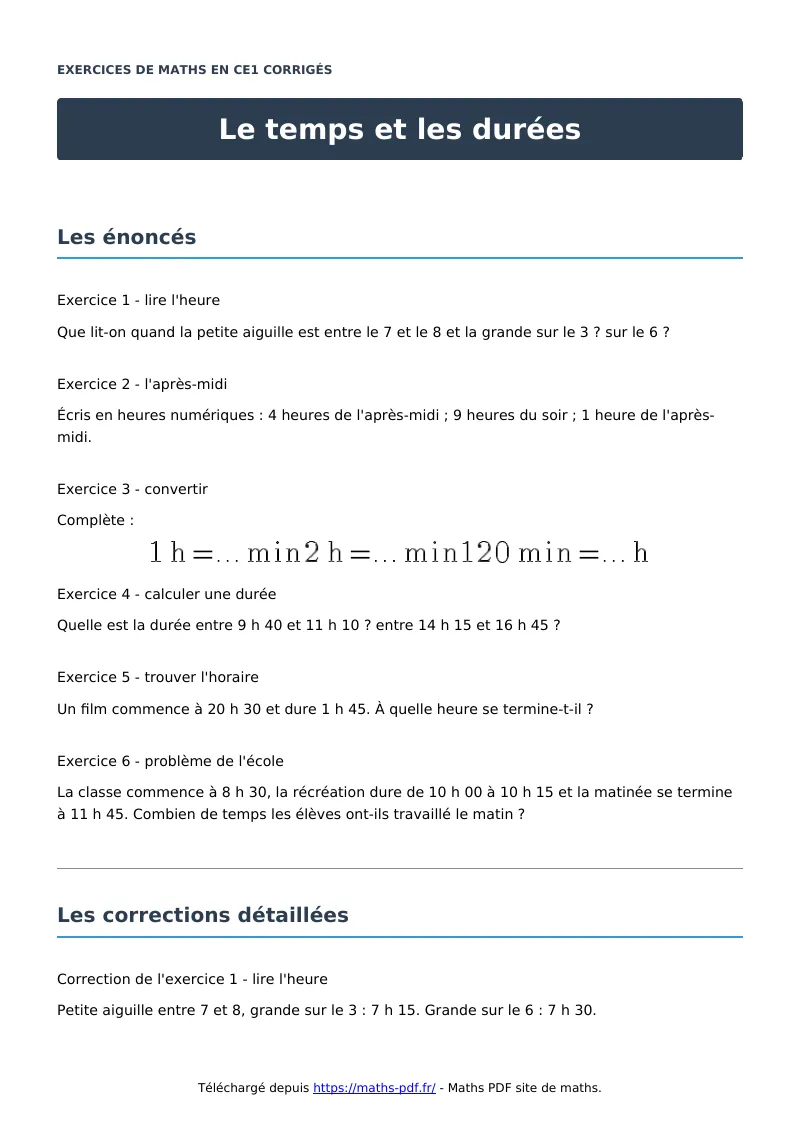 Le temps et les durées : exercices de maths en CE1 corrigés en PDF