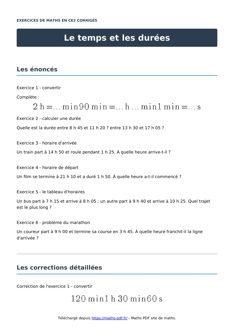 Le temps et les durées : exercices de maths en CE2 corrigés en PDF