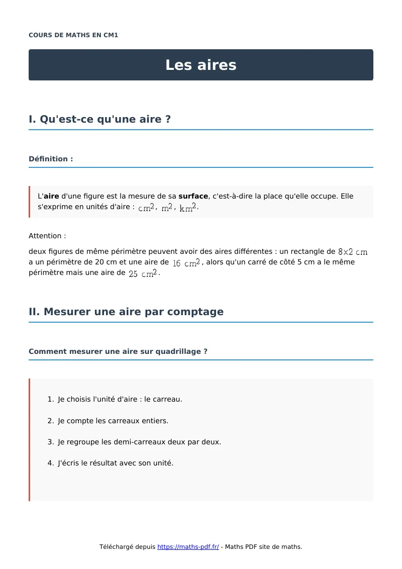 Les aires : cours de maths en CM1 en PDF