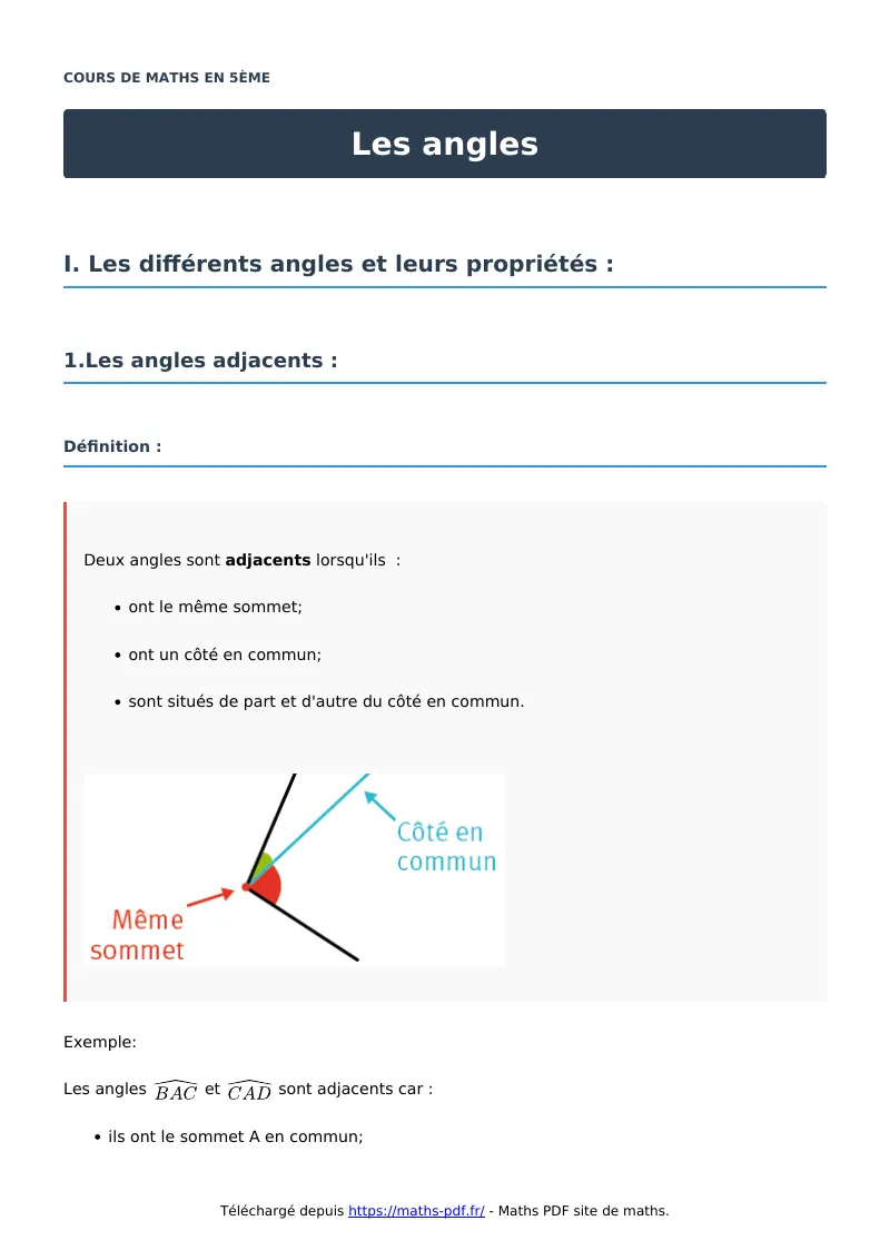 Les angles : cours de maths en 5ème en PDF