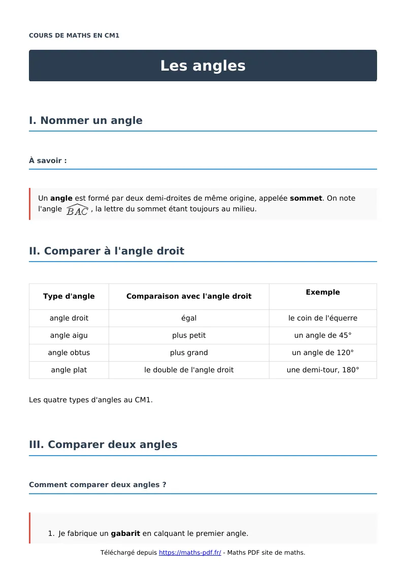 Les angles : cours de maths en CM1 en PDF
