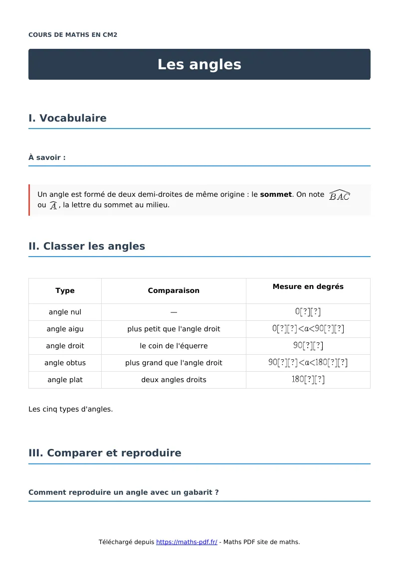 Les angles : cours de maths en CM2 en PDF