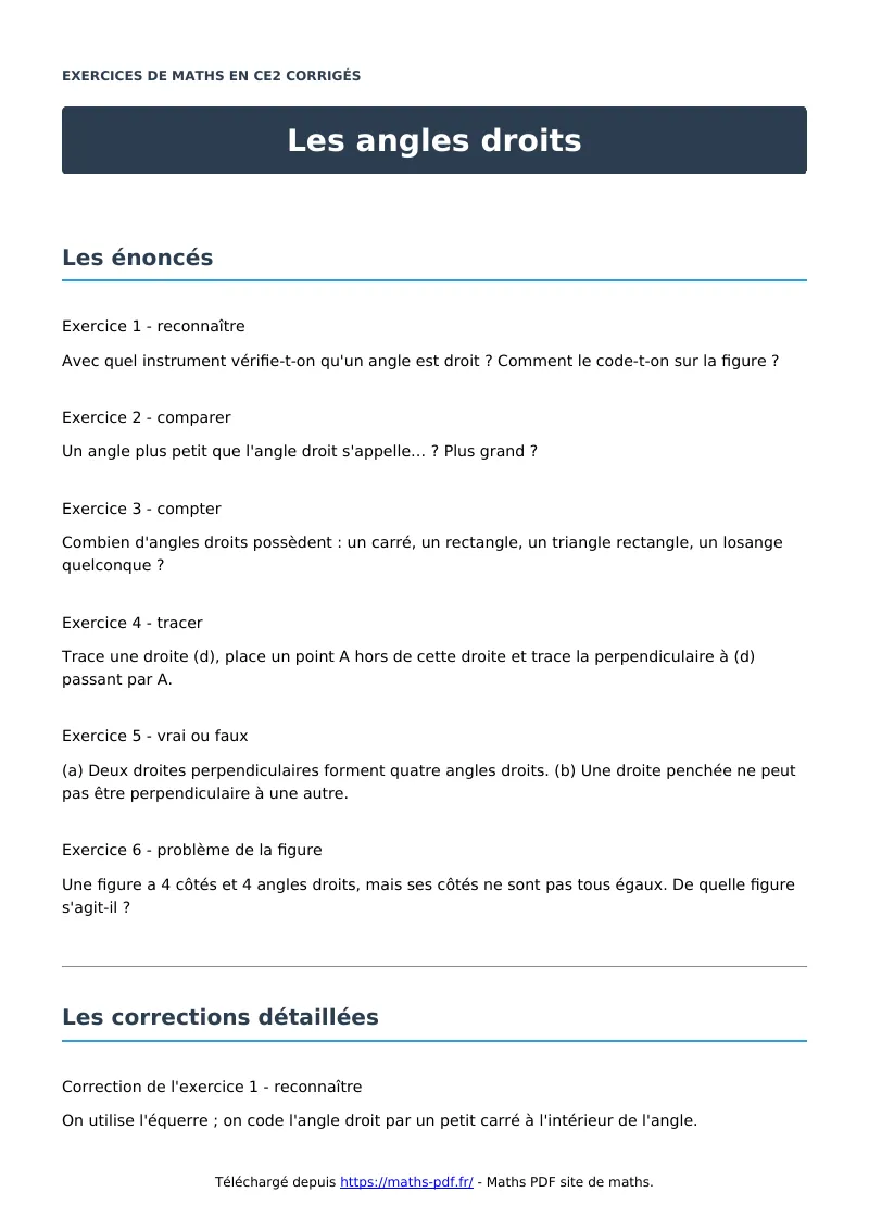 Les angles droits : exercices de maths en CE2 corrigés en PDF