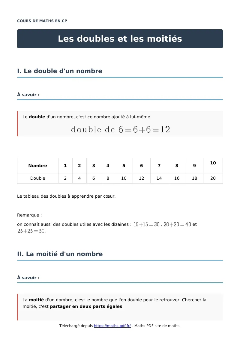 Les doubles et les moitiés : cours de maths en CP en PDF
