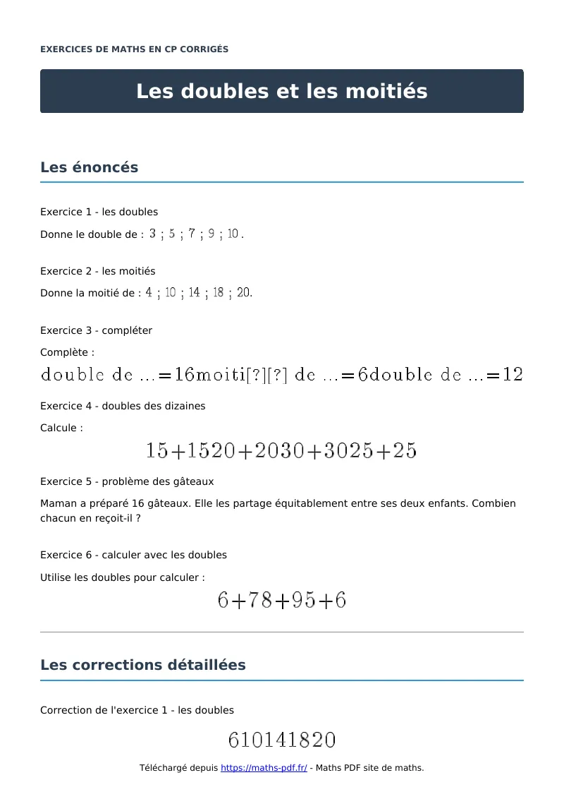 Les doubles et les moitiés : exercices de maths en CP corrigés en PDF