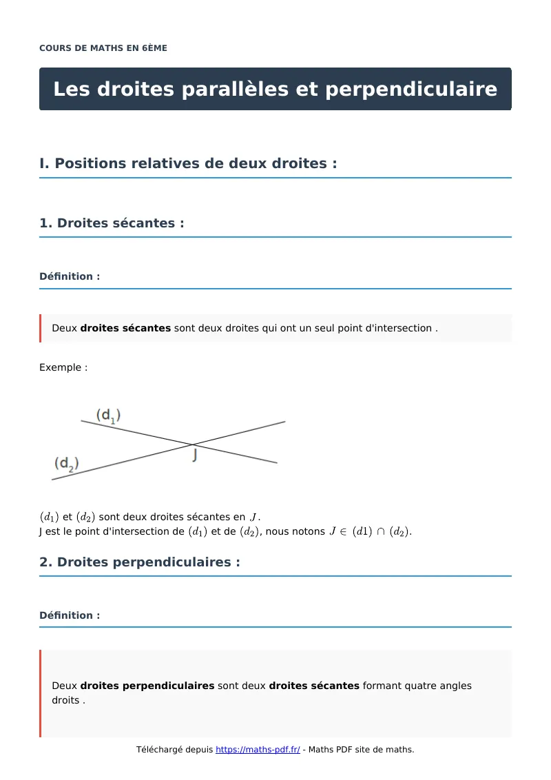Les droites parallèles et perpendiculaire : cours de maths en 6ème en PDF