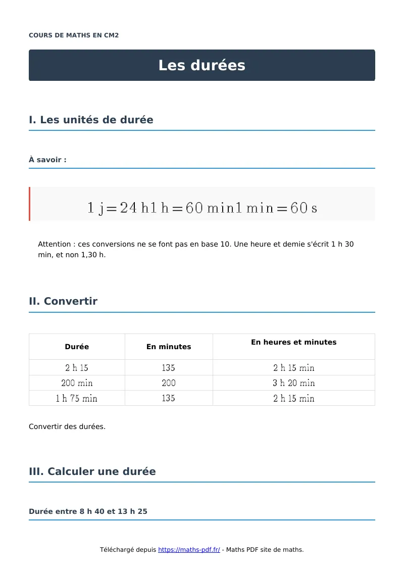 Les durées : cours de maths en CM2 en PDF