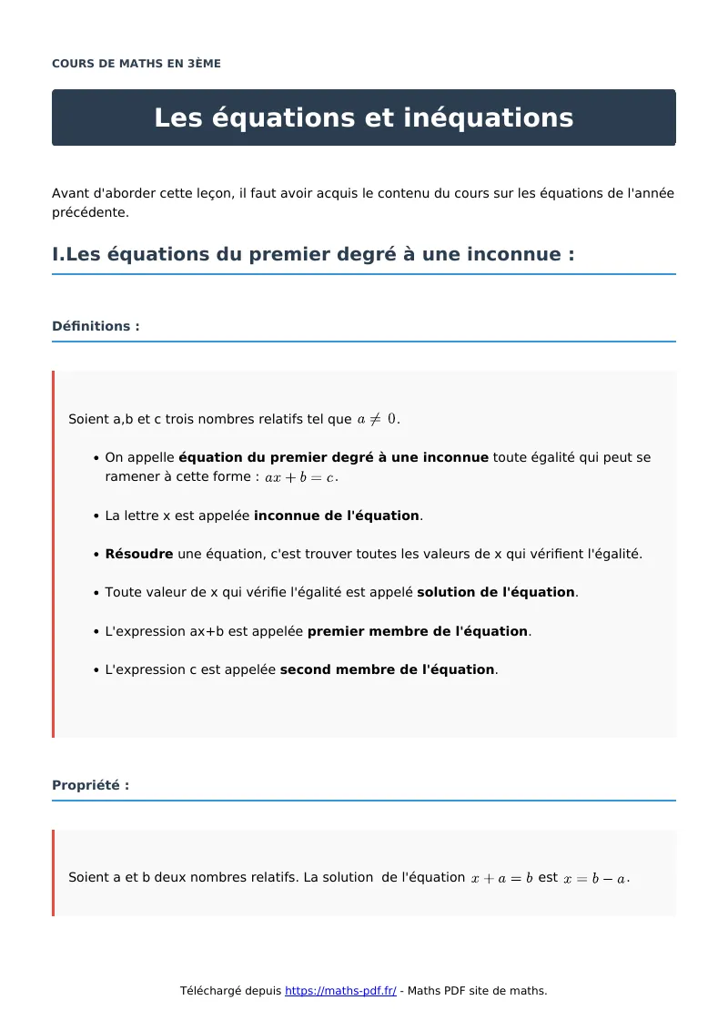 Les équations et inéquations : cours de maths en 3ème en PDF