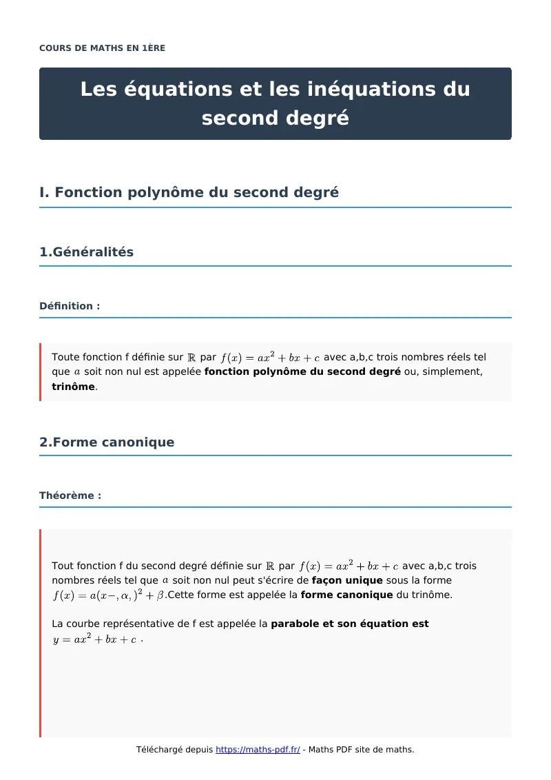 Les équations et les inéquations du second degré : cours de maths en première en PDF