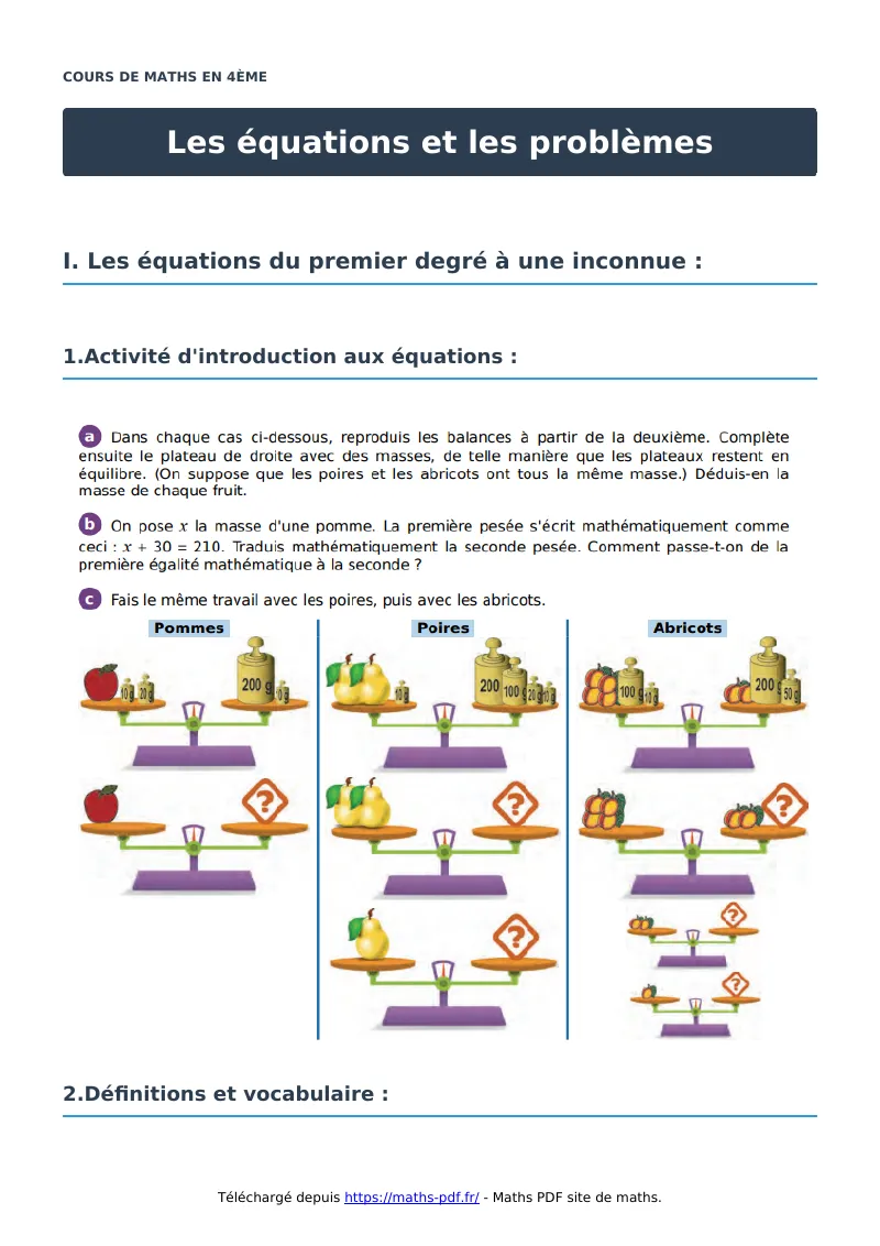 Les équations et les problèmes : cours de maths en 4ème en PDF