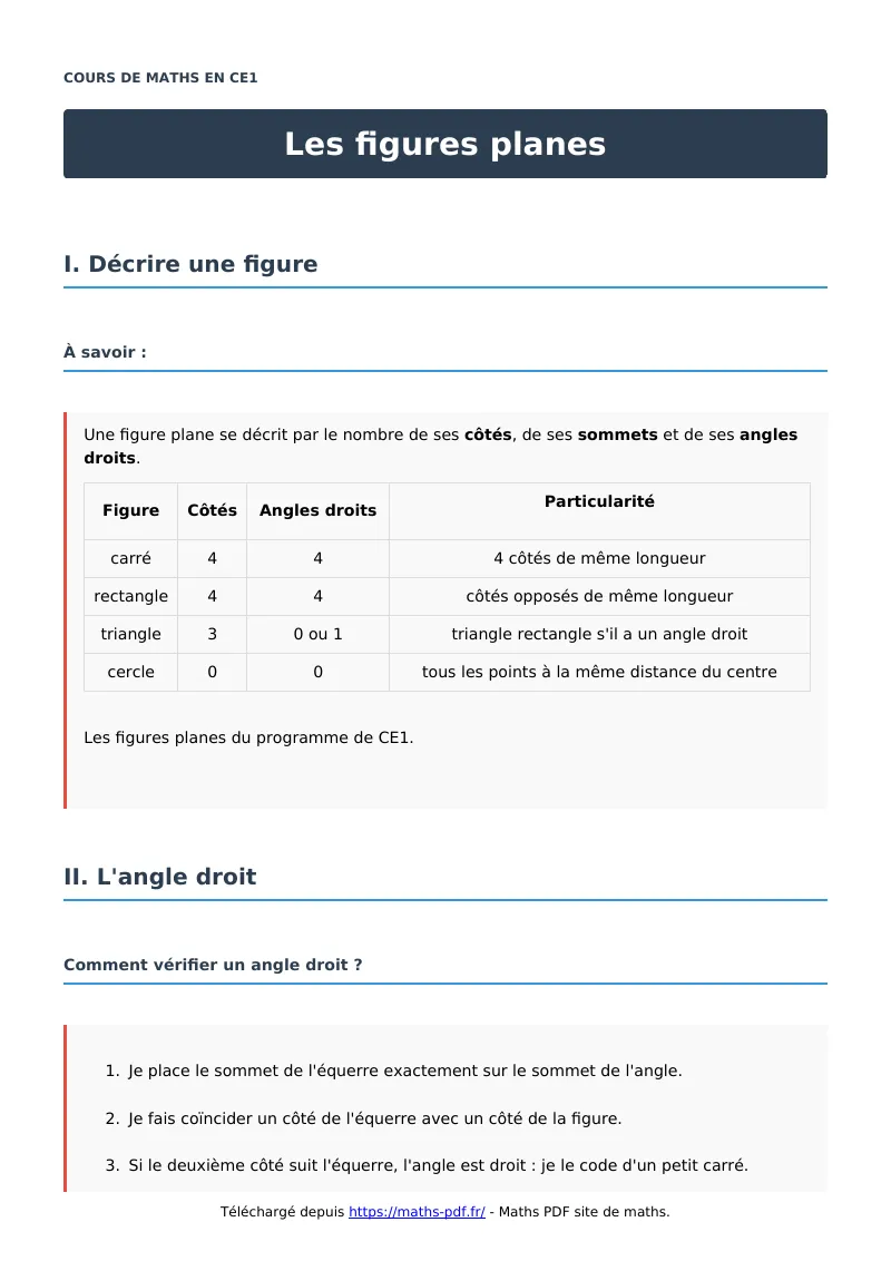 Les figures planes : cours de maths en CE1 en PDF