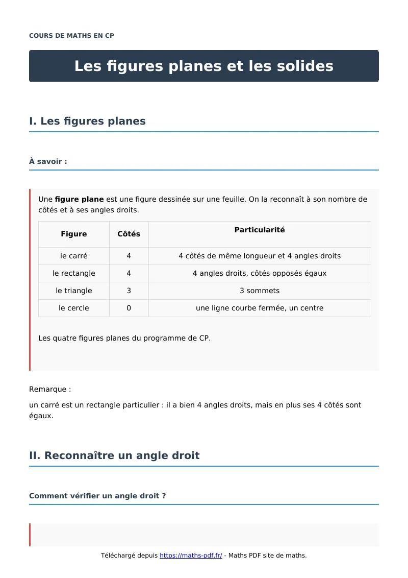 Les figures planes et les solides : cours de maths en CP en PDF