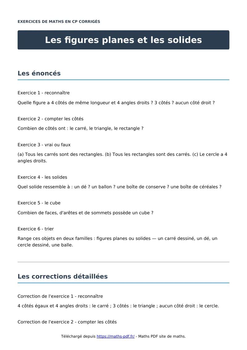 Les figures planes et les solides : exercices de maths en CP corrigés en PDF