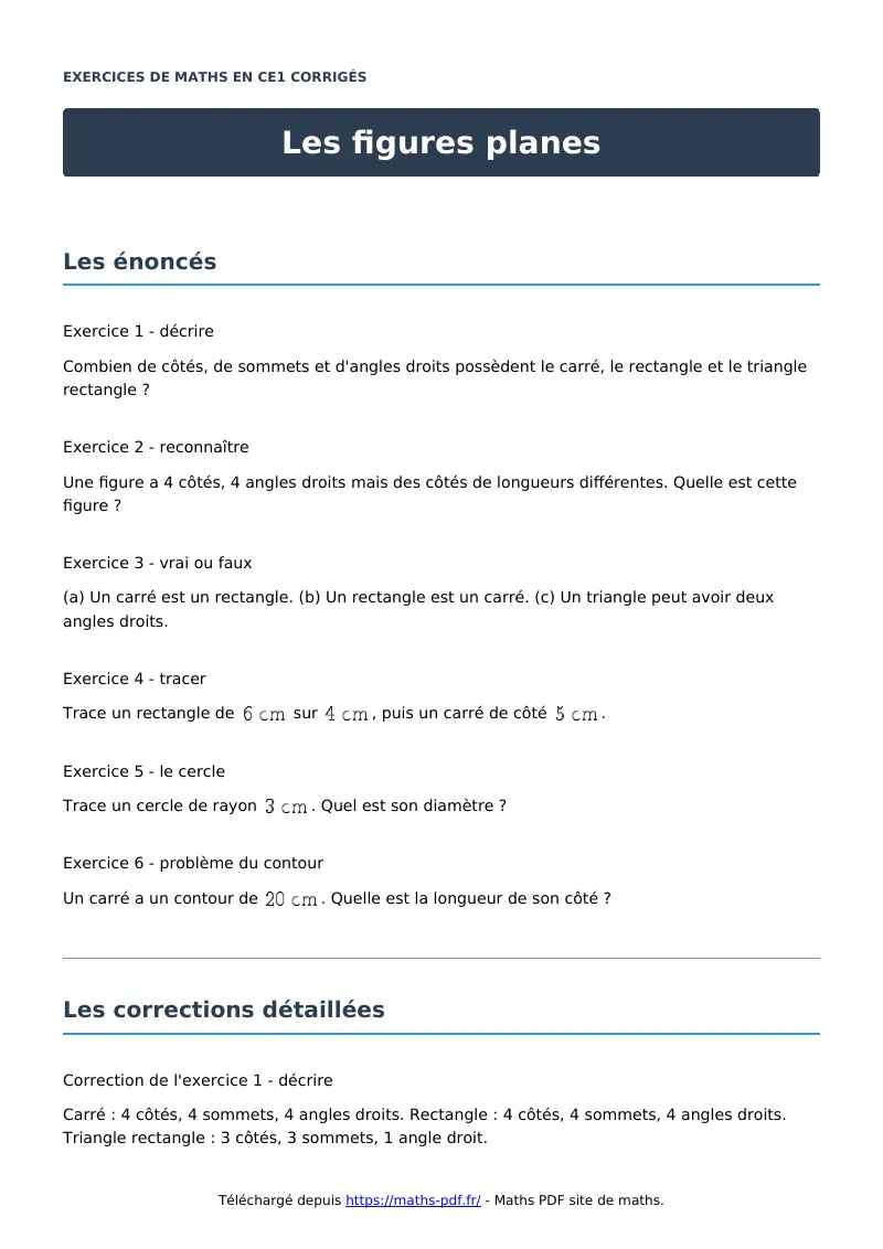Les figures planes : exercices de maths en CE1 corrigés en PDF