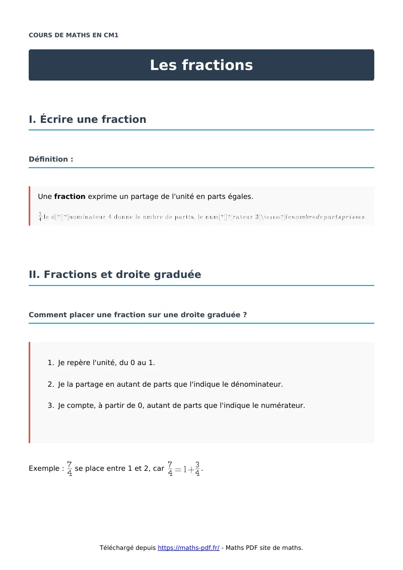 Les fractions : cours de maths en CM1 en PDF