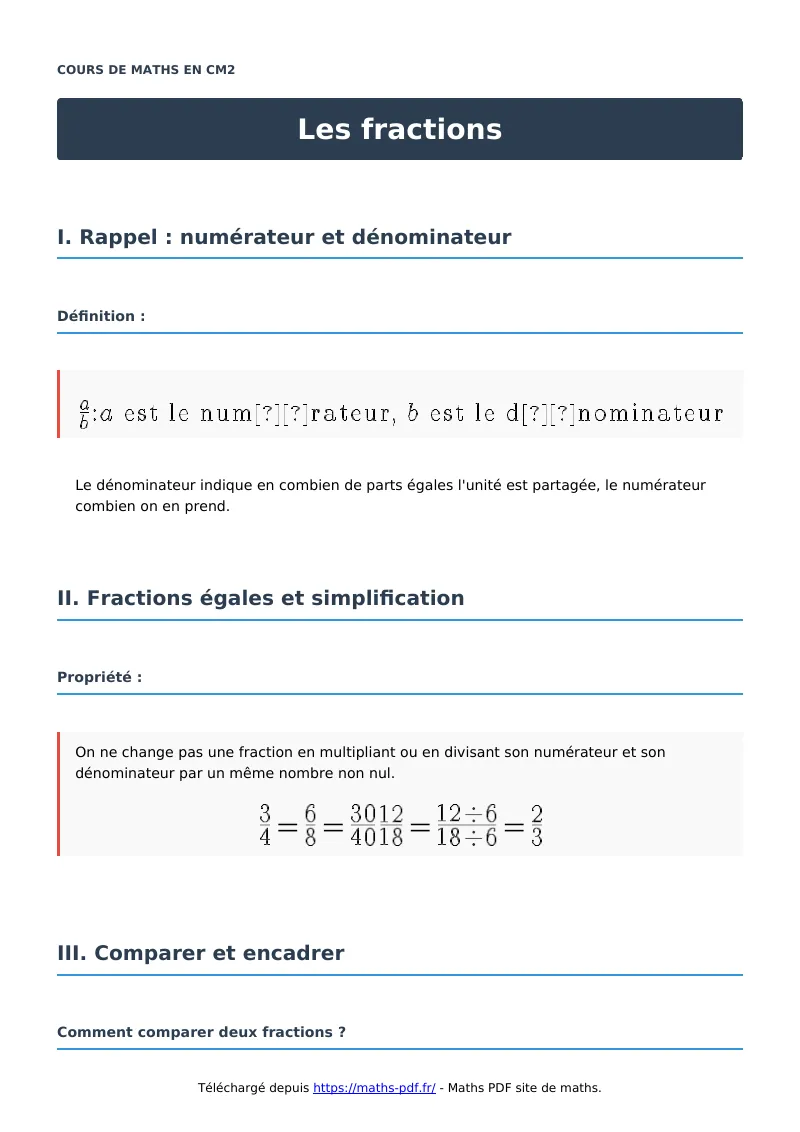 Les fractions : cours de maths en CM2 en PDF