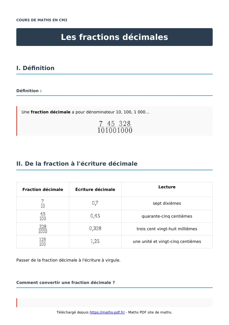 Les fractions décimales : cours de maths en CM2 en PDF