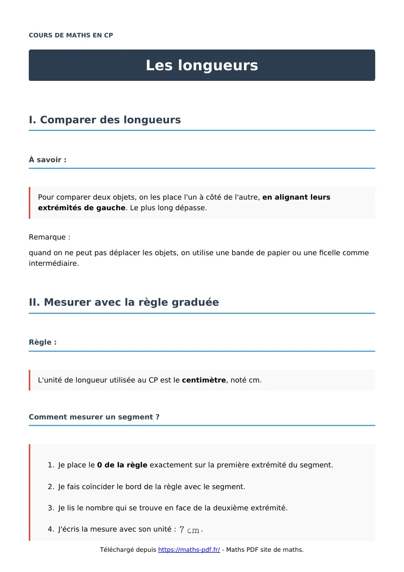 Les longueurs : cours de maths en CP en PDF