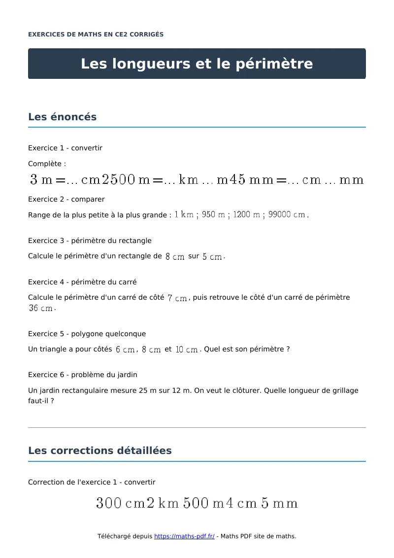 Les longueurs et le périmètre : exercices de maths en CE2 corrigés en PDF