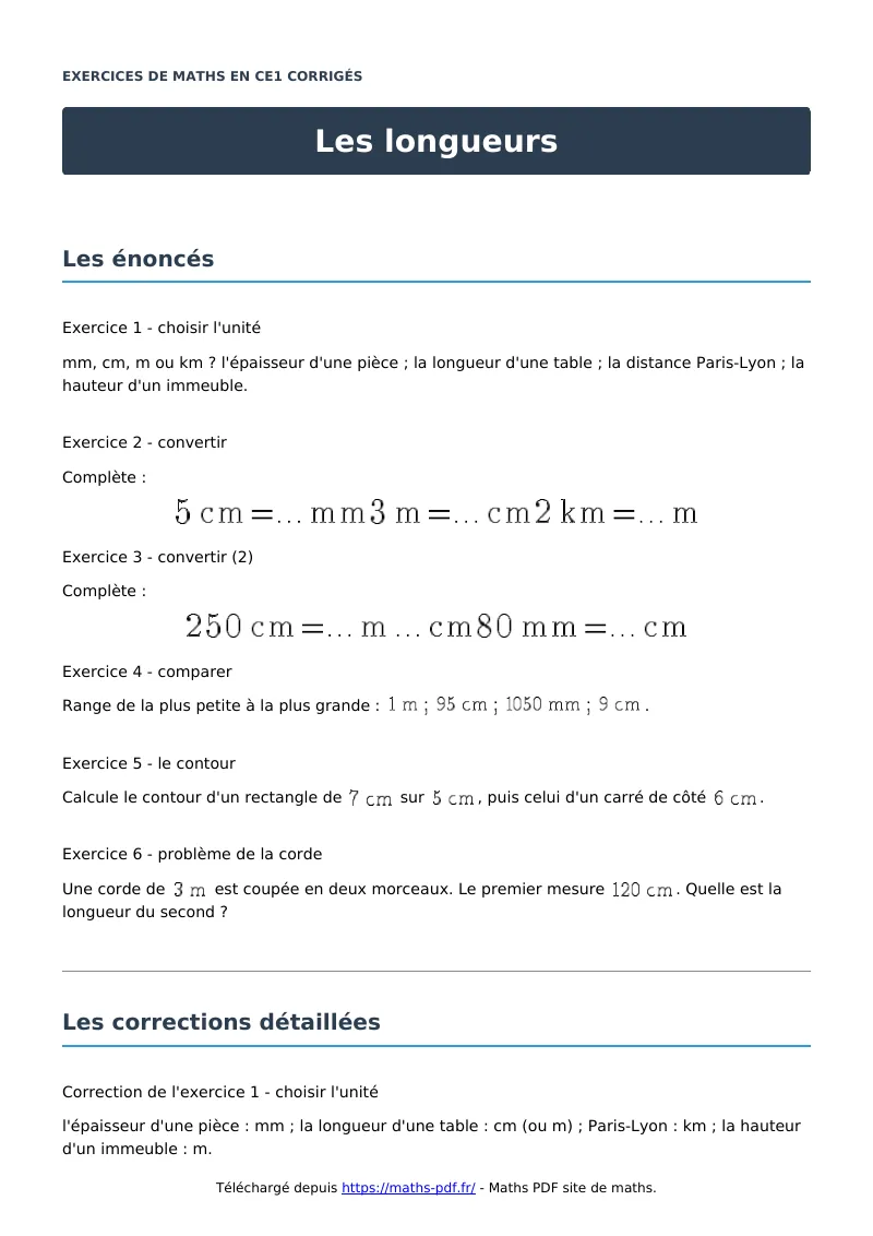 Les longueurs : exercices de maths en CE1 corrigés en PDF