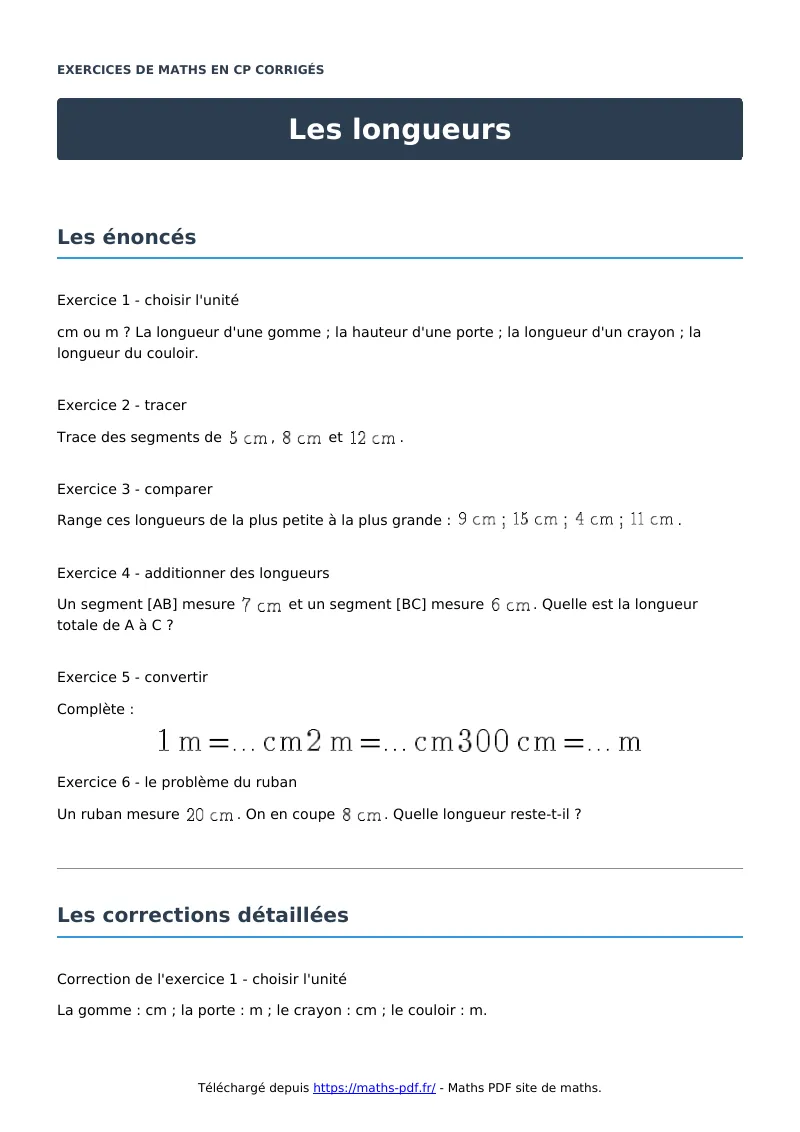 Les longueurs : exercices de maths en CP corrigés en PDF