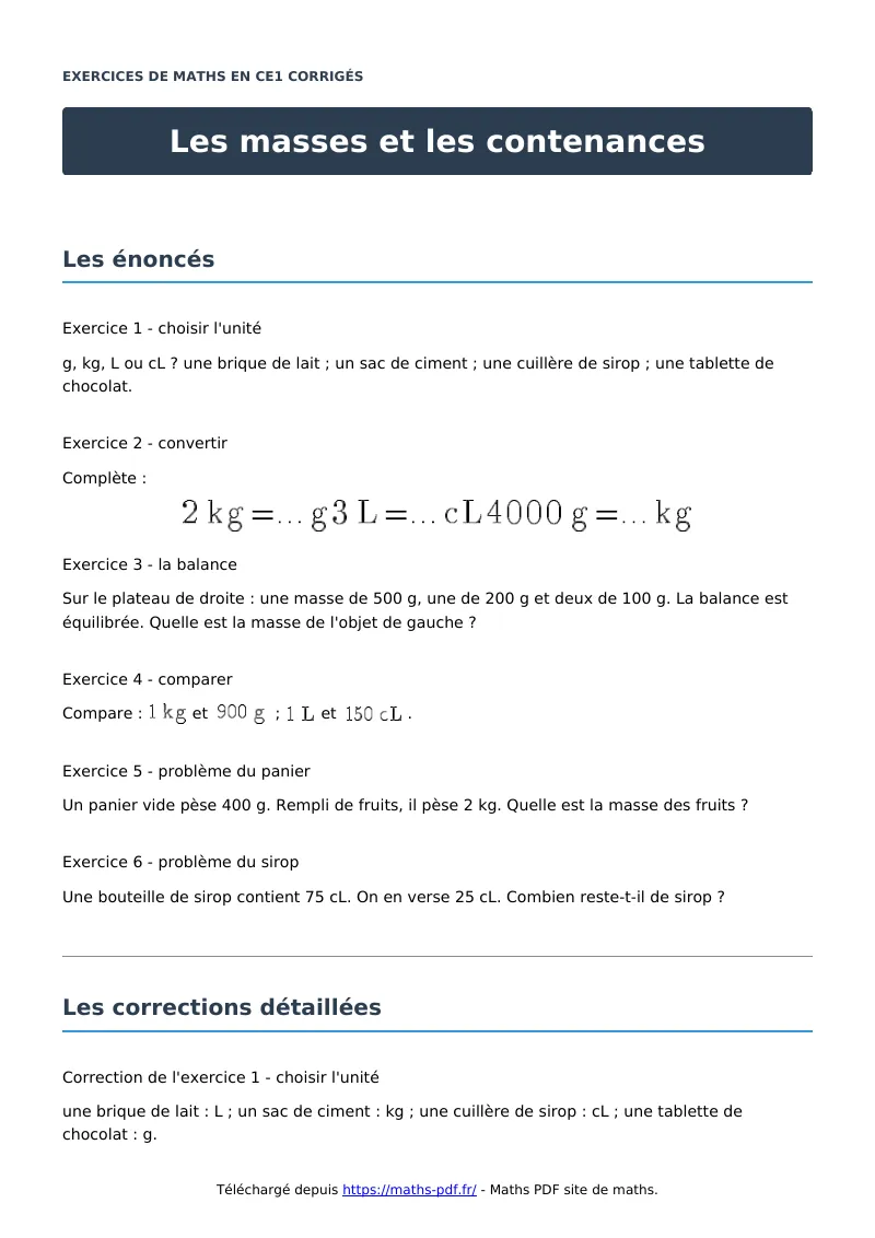 Les masses et les contenances : exercices de maths en CE1 corrigés en PDF