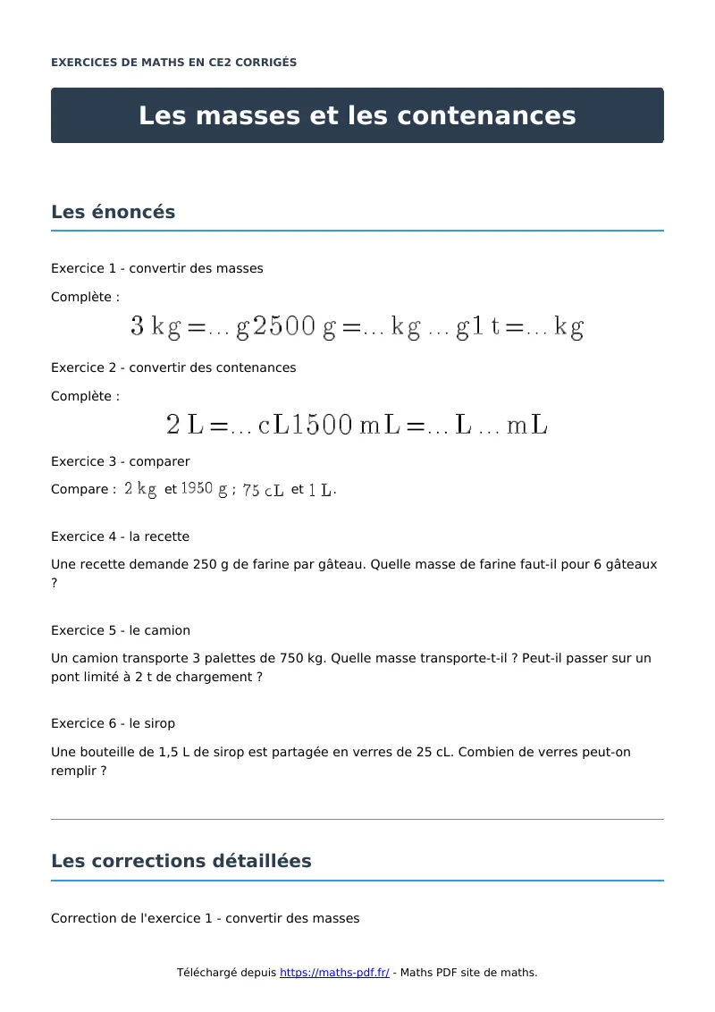 Les masses et les contenances : exercices de maths en CE2 corrigés en PDF