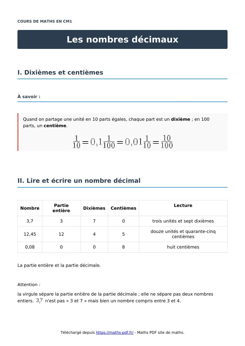 Les nombres décimaux : cours de maths en CM1 en PDF