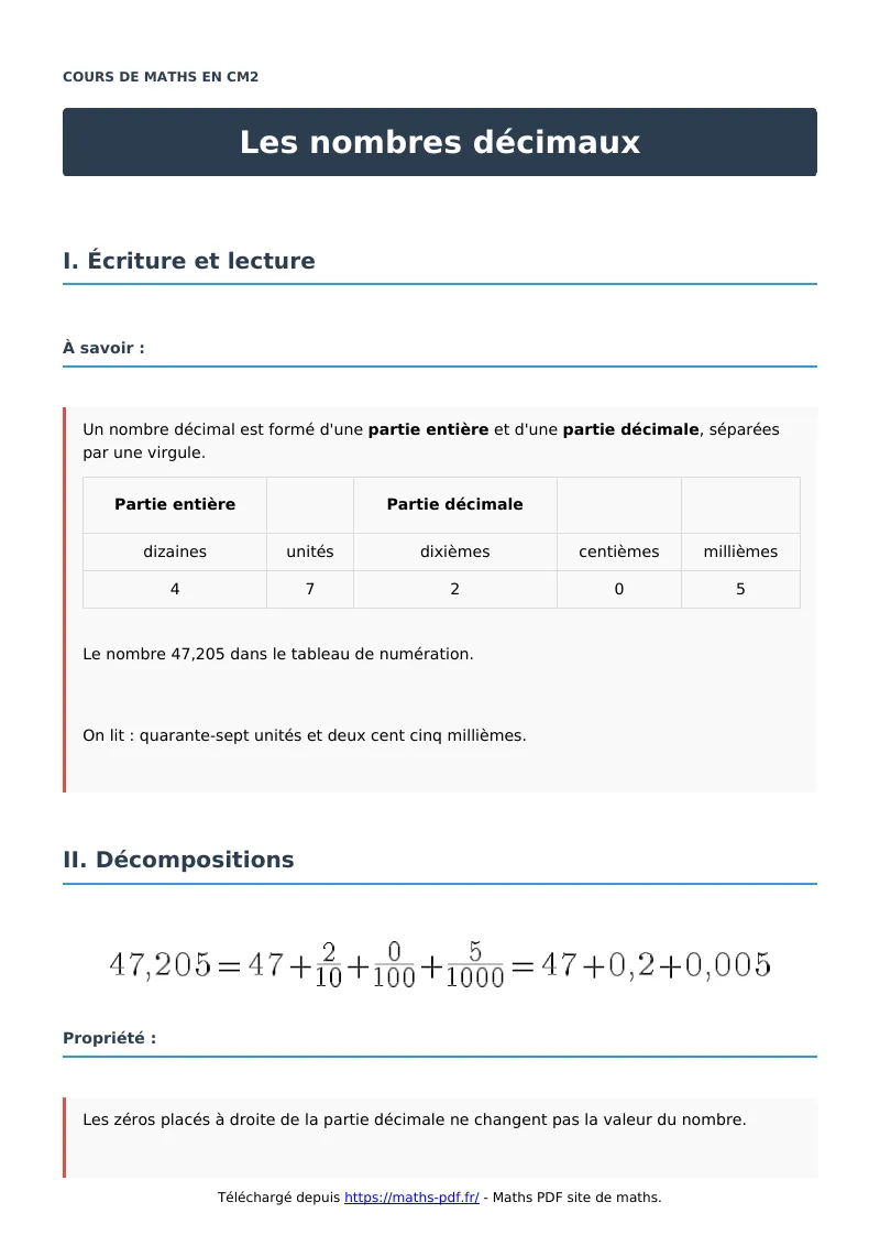 Les nombres décimaux : cours de maths en CM2 en PDF