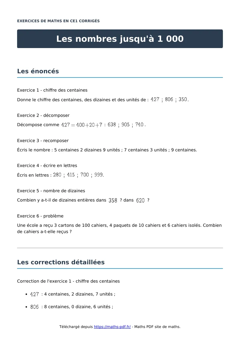 Les nombres jusqu’à 1 000 : exercices de maths en CE1 corrigés en PDF