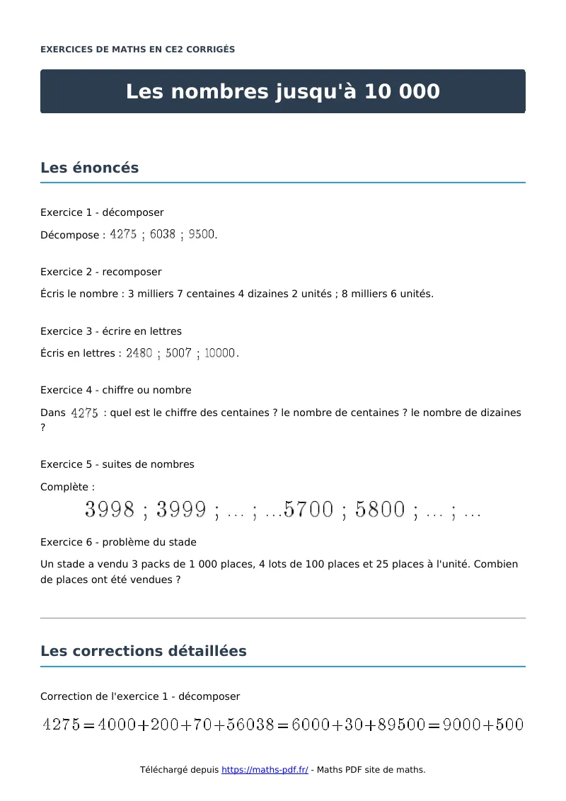 Les nombres jusqu’à 10 000 : exercices de maths en CE2 corrigés en PDF