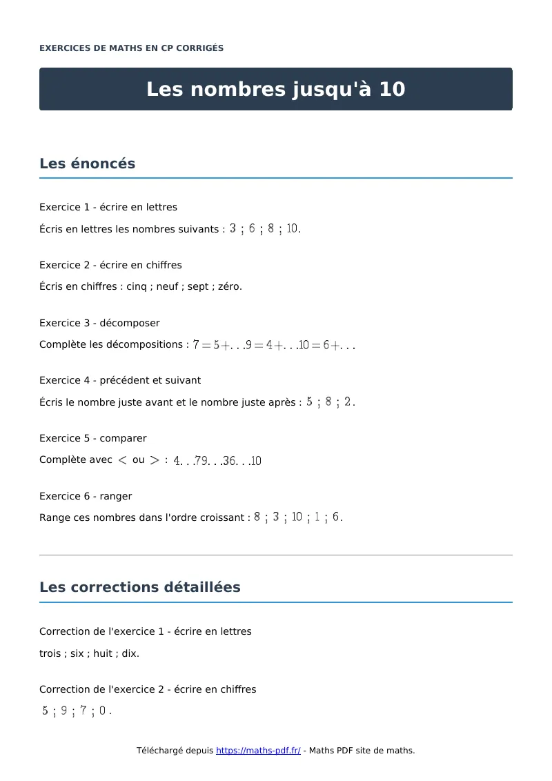 Les nombres jusqu’à 10 : exercices de maths en CP corrigés en PDF
