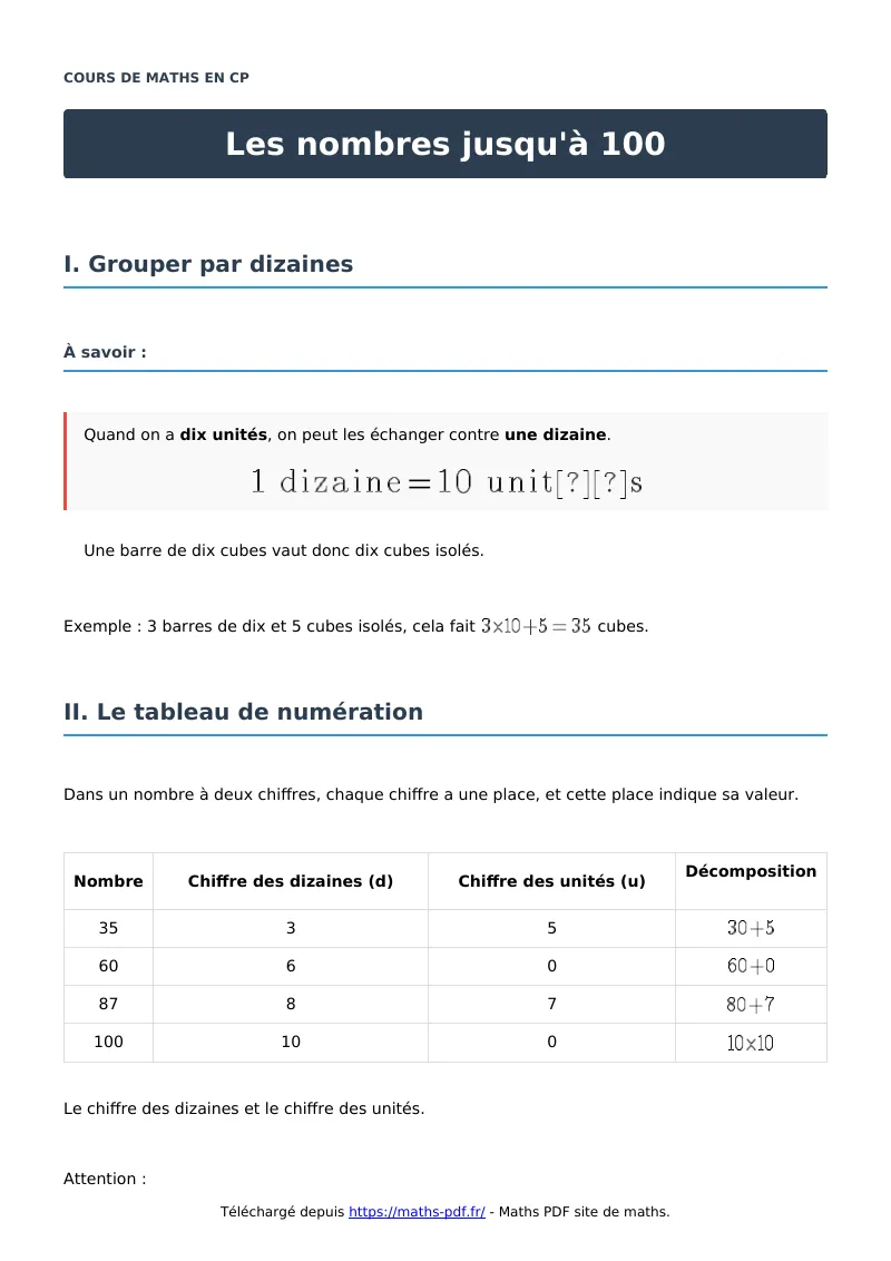 Les nombres jusqu’à 100 : cours de maths en CP en PDF