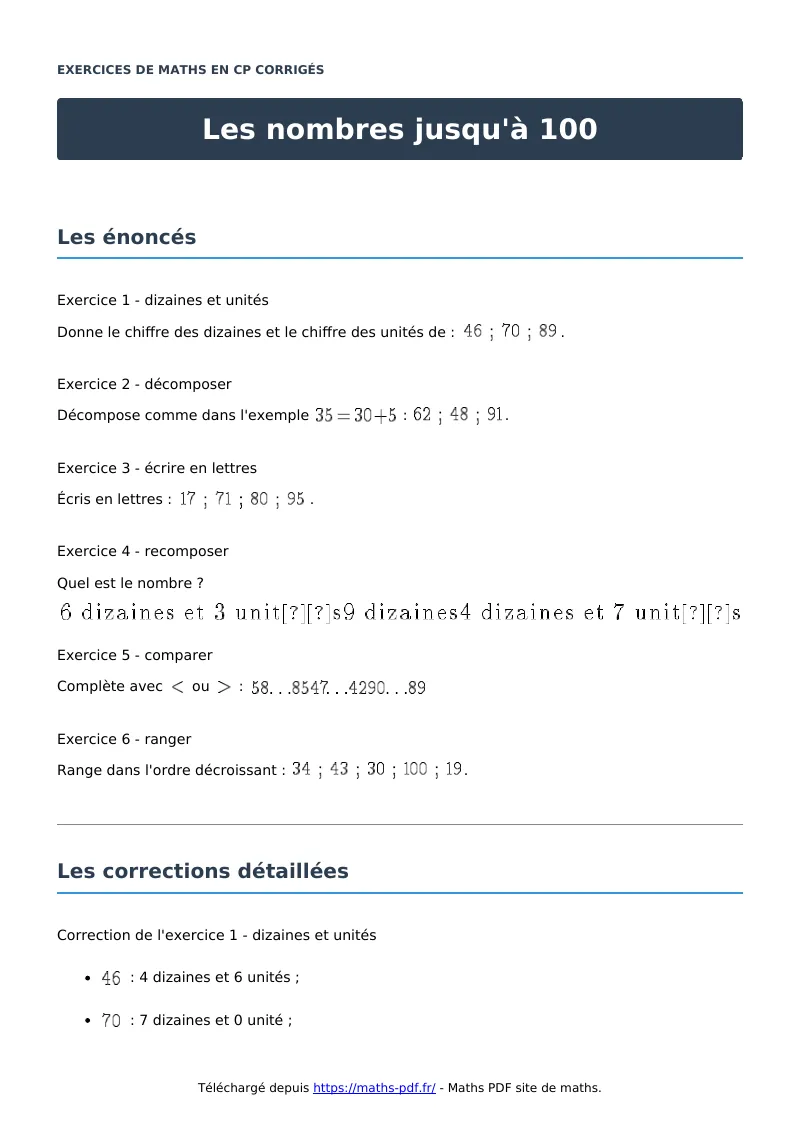 Les nombres jusqu’à 100 : exercices de maths en CP corrigés en PDF