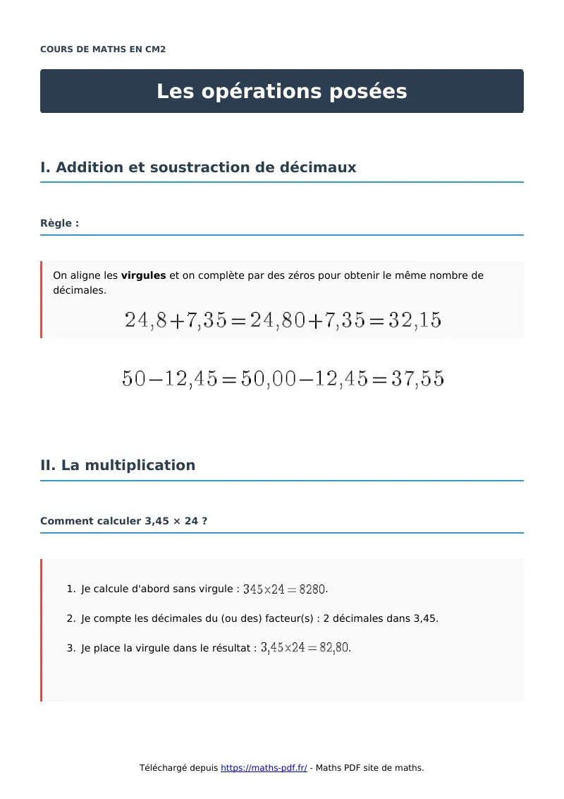 Les opérations posées : cours de maths en CM2 en PDF