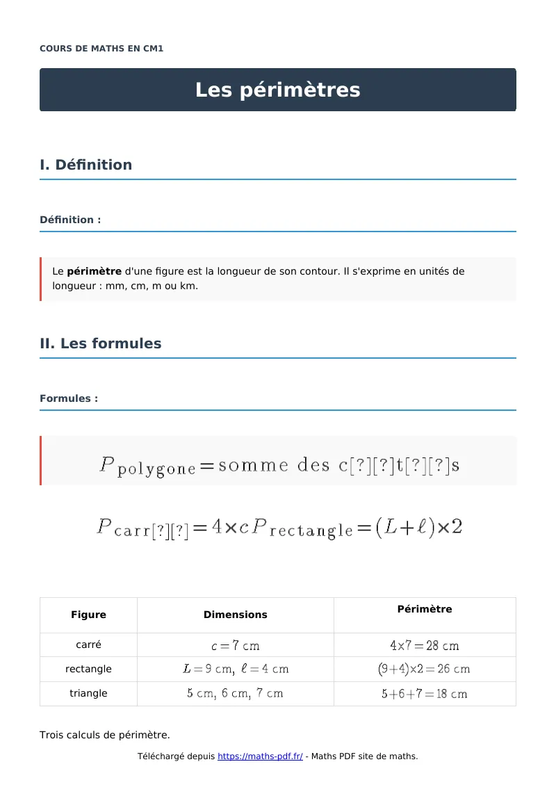 Les périmètres : cours de maths en CM1 en PDF