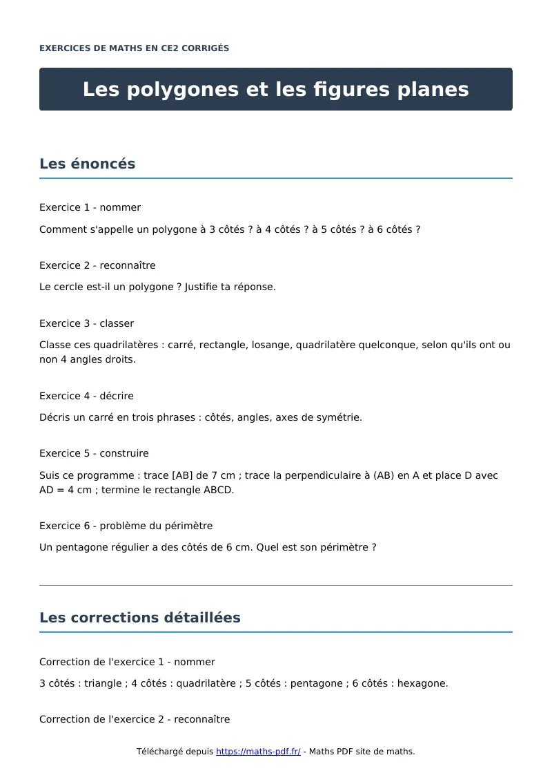 Les polygones et les figures planes : exercices de maths en CE2 corrigés en PDF