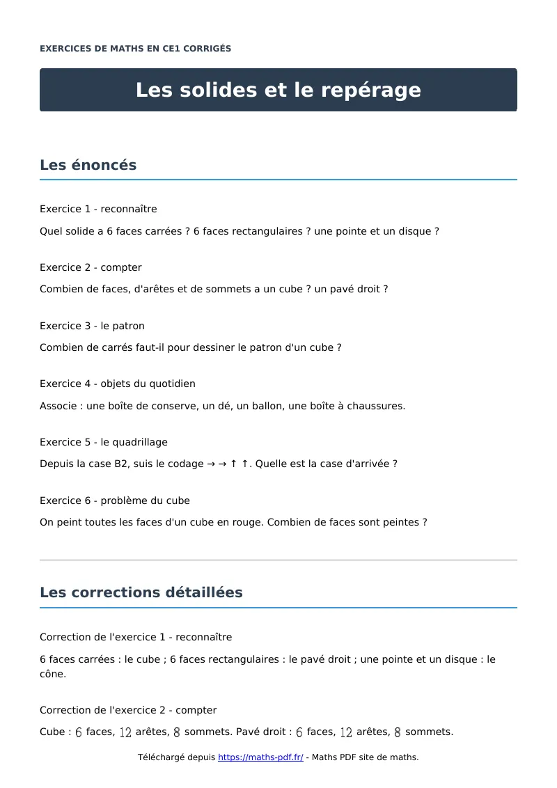 Les solides et le repérage : exercices de maths en CE1 corrigés en PDF