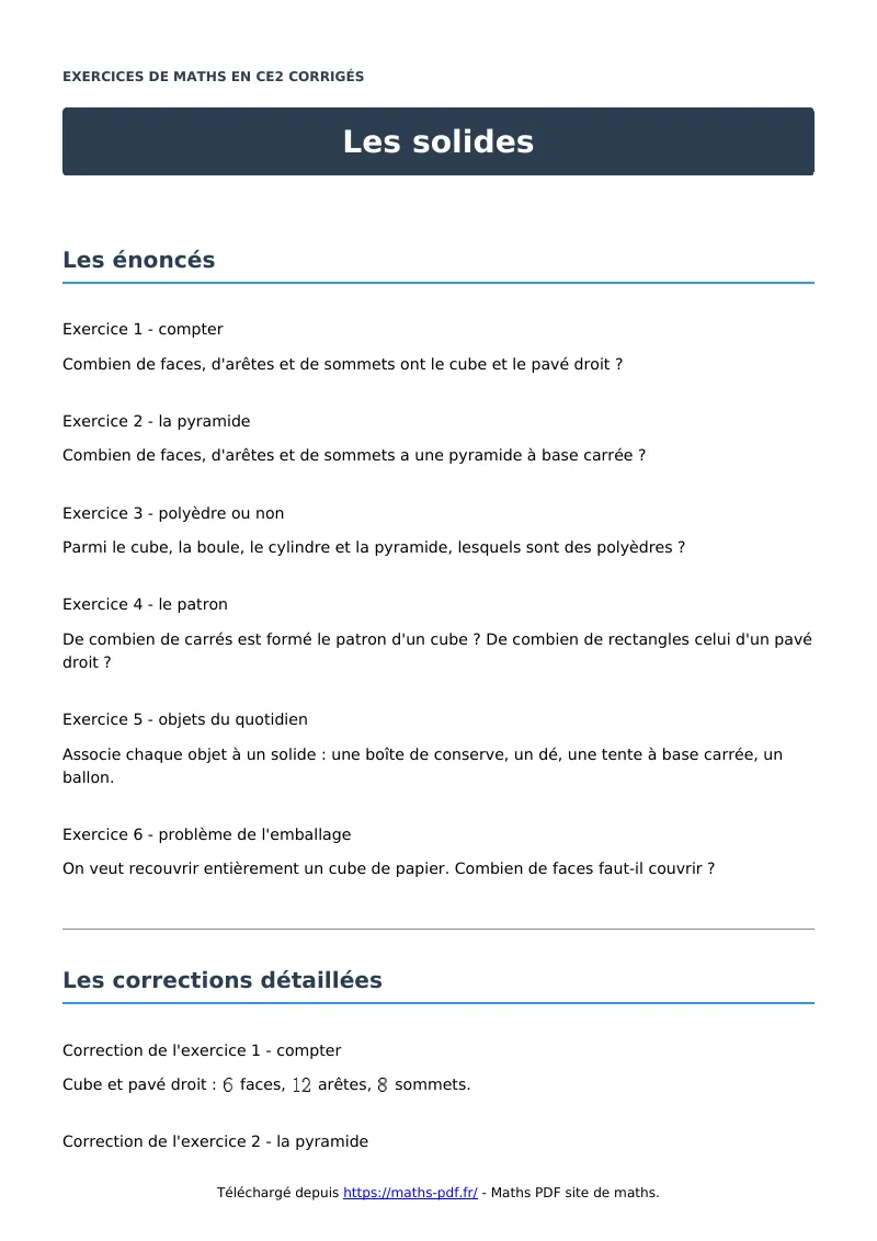 Les solides : exercices de maths en CE2 corrigés en PDF