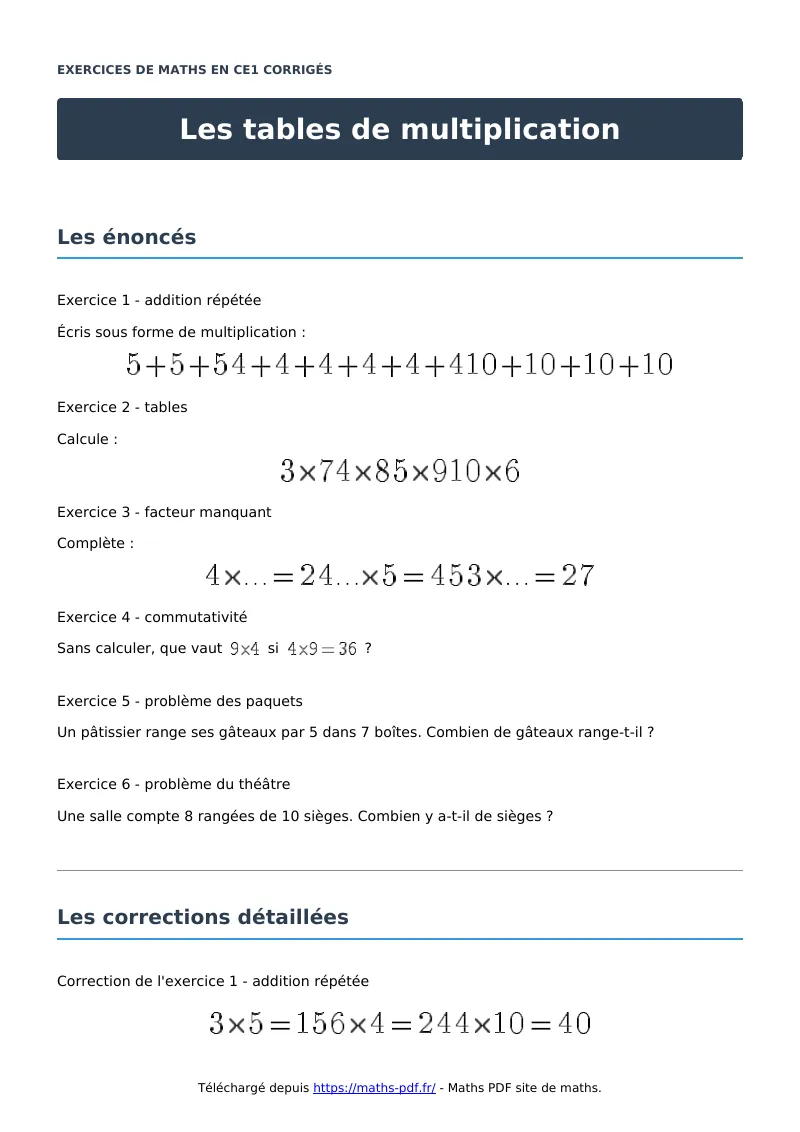 Les tables de multiplication : exercices de maths en CE1 corrigés en PDF