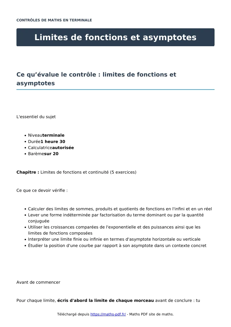 Limites de fonctions et asymptotes : contrôle de maths en terminale corrigé en PDF