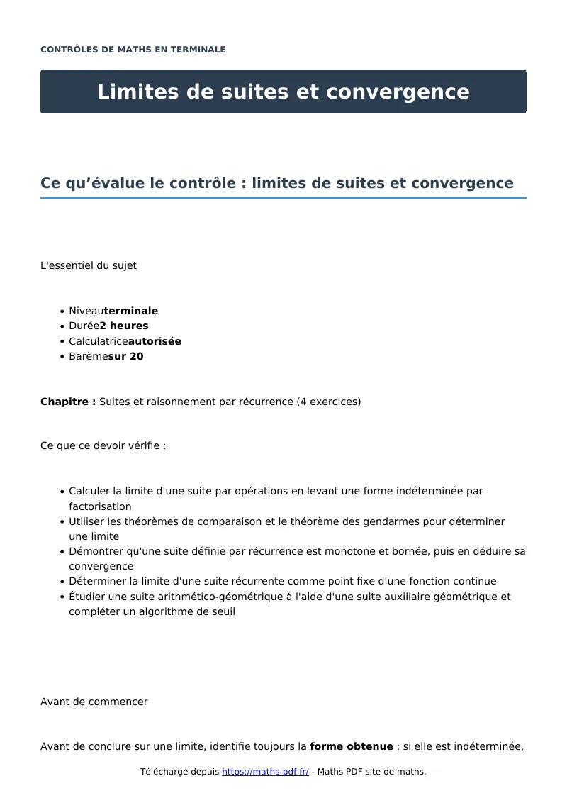 Limites de suites et convergence : contrôle de maths en terminale corrigé en PDF